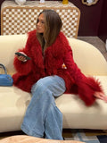 GETADME Chic Spliced Faux Fur Coat For Women Lapel Full Sleeve Jacket Red Reffled Solid Vintage Warm Coat New Lady Winter Streetwears