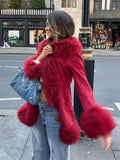 GETADME Chic Spliced Faux Fur Coat For Women Lapel Full Sleeve Jacket Red Reffled Solid Vintage Warm Coat New Lady Winter Streetwears
