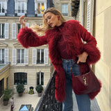 GETADME Chic Spliced Faux Fur Coat For Women Lapel Full Sleeve Jacket Red Reffled Solid Vintage Warm Coat New Lady Winter Streetwears