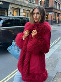 GETADME Chic Spliced Faux Fur Coat For Women Lapel Full Sleeve Jacket Red Reffled Solid Vintage Warm Coat New Lady Winter Streetwears