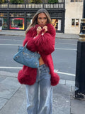 GETADME Chic Spliced Faux Fur Coat For Women Lapel Full Sleeve Jacket Red Reffled Solid Vintage Warm Coat New Lady Winter Streetwears