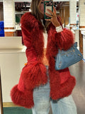 GETADME Chic Spliced Faux Fur Coat For Women Lapel Full Sleeve Jacket Red Reffled Solid Vintage Warm Coat New Lady Winter Streetwears