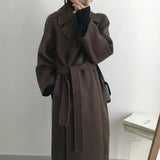 GETADME Chic Thick Warm Lapel Lace-up Pockets Loose Woolen Coat 2025 Autumn Winter New Korean Female Long Oversize Casual Women Clothes