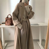 GETADME Chic Thick Warm Lapel Lace-up Pockets Loose Woolen Coat 2025 Autumn Winter New Korean Female Long Oversize Casual Women Clothes