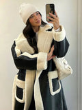 GETADME Chic Woman Contrast Lamb Woolen Warm Coat Versatile Loose Lapel Full Sleeve Pockets Long Jacket 2024 New Autumn Street Outerwear