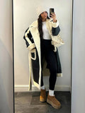 GETADME Chic Woman Contrast Lamb Woolen Warm Coat Versatile Loose Lapel Full Sleeve Pockets Long Jacket 2024 New Autumn Street Outerwear