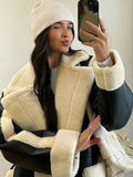 GETADME Chic Woman Contrast Lamb Woolen Warm Coat Versatile Loose Lapel Full Sleeve Pockets Long Jacket 2024 New Autumn Street Outerwear
