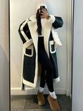 GETADME Chic Woman Contrast Lamb Woolen Warm Coat Versatile Loose Lapel Full Sleeve Pockets Long Jacket 2024 New Autumn Street Outerwear