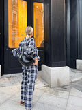 GETADME Classic Plaid Long Sleeves Woman Casual Pants Set Elegant V Neck Buttons Patchwork Trousers Suit 2025 Spring Lady Streetwear