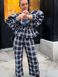 GETADME Classic Plaid Long Sleeves Woman Casual Pants Set Elegant V Neck Buttons Patchwork Trousers Suit 2025 Spring Lady Streetwear