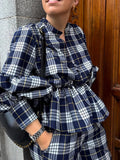 GETADME Classic Plaid Long Sleeves Woman Casual Pants Set Elegant V Neck Buttons Patchwork Trousers Suit 2025 Spring Lady Streetwear