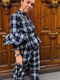 GETADME Classic Plaid Long Sleeves Woman Casual Pants Set Elegant V Neck Buttons Patchwork Trousers Suit 2025 Spring Lady Streetwear