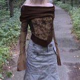 GETADME Classic Slash Neck Spring Autumn Flare Sleeve Vintage Butterfly Printed Gauze Spliced Irregular Women's Clothing Y2K Chic Tops