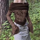 GETADME Classic Slash Neck Spring Autumn Flare Sleeve Vintage Butterfly Printed Gauze Spliced Irregular Women's Clothing Y2K Chic Tops