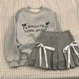 Getadme 대학 스타일 자수 문자 느슨한 스웨트셔츠 거리 Y2K 하이 웨이스트 리본 플리츠 스커트 정장 회색 봄 원피스 여성 정장