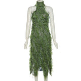 GETADME Color Patchwork Backless Tassel Mesh Maxi Party Dress Women See Through Turtleneck Sleeveless Halter Irregular Christmas Outfits