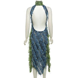 GETADME Color Patchwork Backless Tassel Mesh Maxi Party Dress Women See Through Turtleneck Sleeveless Halter Irregular Christmas Outfits