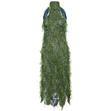 GETADME Color Patchwork Backless Tassel Mesh Maxi Party Dress Women See Through Turtleneck Sleeveless Halter Irregular Christmas Outfits