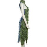 GETADME Color Patchwork Backless Tassel Mesh Maxi Party Dress Women See Through Turtleneck Sleeveless Halter Irregular Christmas Outfits