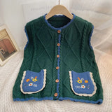 GETADME Color-blocked Crewneck Single-breasted Jacquard Double-pocket Vest Women's New Flowers Embroidered Vest Loose Top