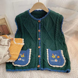 GETADME Color-blocked Crewneck Single-breasted Jacquard Double-pocket Vest Women's New Flowers Embroidered Vest Loose Top