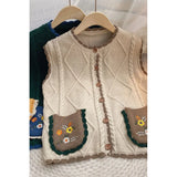 GETADME Color-blocked Crewneck Single-breasted Jacquard Double-pocket Vest Women's New Flowers Embroidered Vest Loose Top