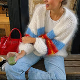 GETADME Combhasaki Women Y2K Open Front Loose Sweaters Fuzzy Lightweight Stripe Print Contrast Color Long Sleeve Knitwear Cardigans Coat