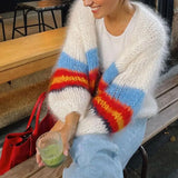 GETADME Combhasaki Women Y2K Open Front Loose Sweaters Fuzzy Lightweight Stripe Print Contrast Color Long Sleeve Knitwear Cardigans Coat