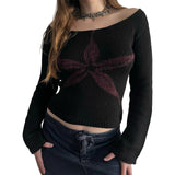 GETADME Combhasaki Women Y2K Vintage Off Shoulder Sweater Slim Fit Aesthetic Graphic Print Long Sleeve Knitweare Tops Vintage Streetwear