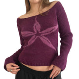 GETADME Combhasaki Women Y2K Vintage Off Shoulder Sweater Slim Fit Aesthetic Graphic Print Long Sleeve Knitweare Tops Vintage Streetwear