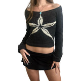 GETADME Combhasaki Women Y2K Vintage Off Shoulder Sweater Slim Fit Aesthetic Graphic Print Long Sleeve Knitweare Tops Vintage Streetwear