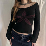 GETADME Combhasaki Women Y2K Vintage Off Shoulder Sweater Slim Fit Aesthetic Graphic Print Long Sleeve Knitweare Tops Vintage Streetwear