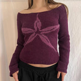 GETADME Combhasaki Women Y2K Vintage Off Shoulder Sweater Slim Fit Aesthetic Graphic Print Long Sleeve Knitweare Tops Vintage Streetwear