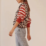 GETADME Combhasaki Women's Y2K Vintage Sweaters Aesthetic Striped Leopard Print Patchwork Button-down Round Neck Loose Fit Knitwear Coat