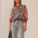 GETADME Combhasaki Women's Y2K Vintage Sweaters Aesthetic Striped Leopard Print Patchwork Button-down Round Neck Loose Fit Knitwear Coat