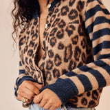 GETADME Combhasaki Women's Y2K Vintage Sweaters Aesthetic Striped Leopard Print Patchwork Button-down Round Neck Loose Fit Knitwear Coat