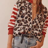 GETADME Combhasaki Women's Y2K Vintage Sweaters Aesthetic Striped Leopard Print Patchwork Button-down Round Neck Loose Fit Knitwear Coat