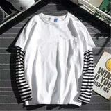T-shirt GETADME à rayures patchwork tendance pour homme, coupe oversize automne, manches longues, style gothique japonais.