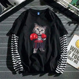 T-shirt GETADME à rayures patchwork tendance pour homme, coupe oversize automne, manches longues, style gothique japonais.