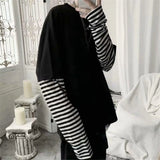T-shirt GETADME à rayures patchwork tendance pour homme, coupe oversize automne, manches longues, style gothique japonais.