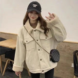 GETADME Corduroy jacket for women autumn and winter new Korean style loose lamb wool plus velvet student corduroy top trendy coat