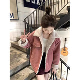 GETADME Corduroy jacket for women autumn and winter new Korean style loose lamb wool plus velvet student corduroy top trendy coat