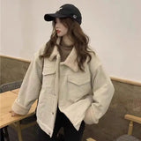 GETADME Corduroy jacket for women autumn and winter new Korean style loose lamb wool plus velvet student corduroy top trendy coat