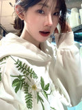 GETADME Cotton Floral Embroidery Hooded Sweatshirt for Autumn and Winter Thick American Style New Sweet Pullover Jacket Loose Top