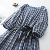 Getadme Cotton Linen Bohemian Women Dresses 2025 New Summer Puff Sleeve Holiday Beach Dress Elegant Plaid Bowtie Sundress Vestidos