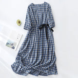 Getadme Cotton Linen Bohemian Women Dresses 2025 New Summer Puff Sleeve Holiday Beach Dress Elegant Plaid Bowtie Sundress Vestidos
