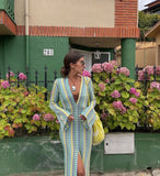 GETADME Crochet Colorful Stripe Maxi Dress Women Flare Sleeve V-neck High Split Sexy Long Dresses 2025 New Autumn Beach Banquet Vestidos