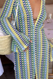 GETADME Crochet Colorful Stripe Maxi Dress Women Flare Sleeve V-neck High Split Sexy Long Dresses 2025 New Autumn Beach Banquet Vestidos