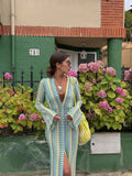 GETADME Crochet Colorful Stripe Maxi Dress Women Flare Sleeve V-neck High Split Sexy Long Dresses 2025 New Autumn Beach Banquet Vestidos