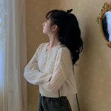GETADME Cropped Cardigan Women Hollow Out Pure Color Soft Spring Design Students Korean Style Ladies Leisure Fashion Sweet Simple Cozy